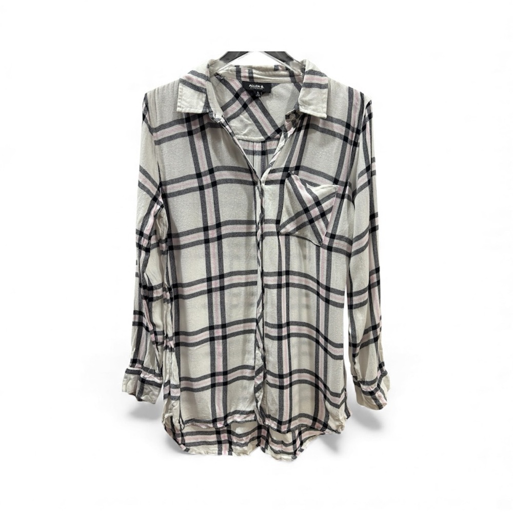 Cozy Plaid Button-Up Shirt- Pink, black and white - L